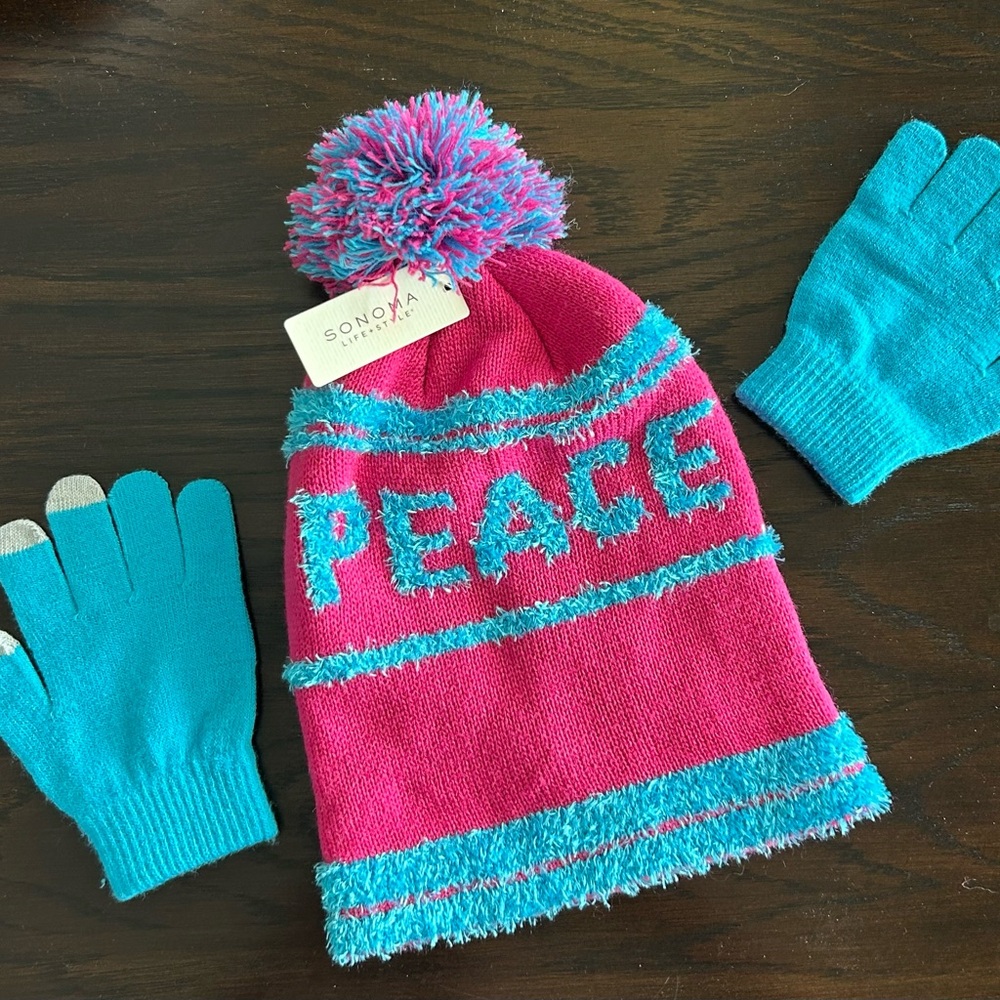Kids Pink and Blue 'Peace' Pom Beanie & Touchscreen Gloves Set